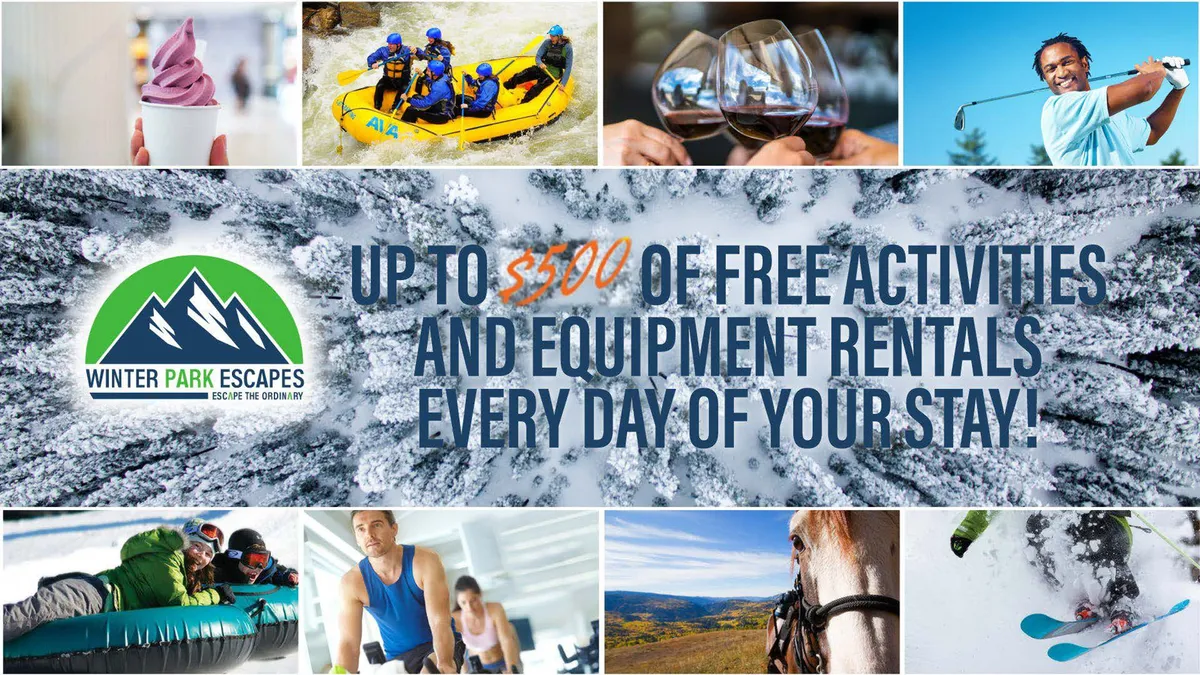 A dynamic collage-style interior scene featuring guests enjoying an array of outdoor and indoor activities, such as white-water rafting, skiing, horseback riding, golfing, and dining. The image conveys excitement and the diversity of experiences offered at the resort.