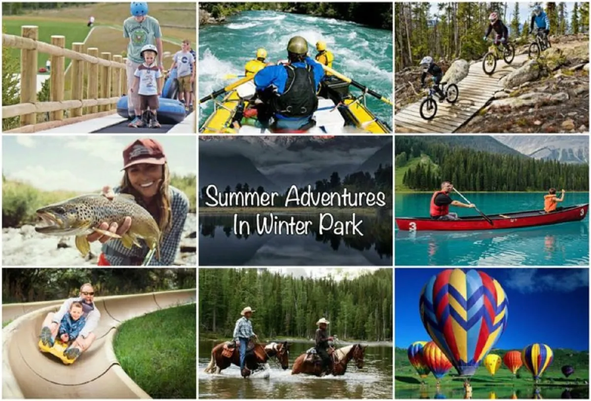 This vibrant image shows families and children engaged in a variety of outdoor activities like rafting, biking, fishing, kayaking, horseback riding, sliding down a water slide, and even hot air ballooning. The scene is lively, colorful, and full of energy, capturing the spirit of year-round adventure and family fun.