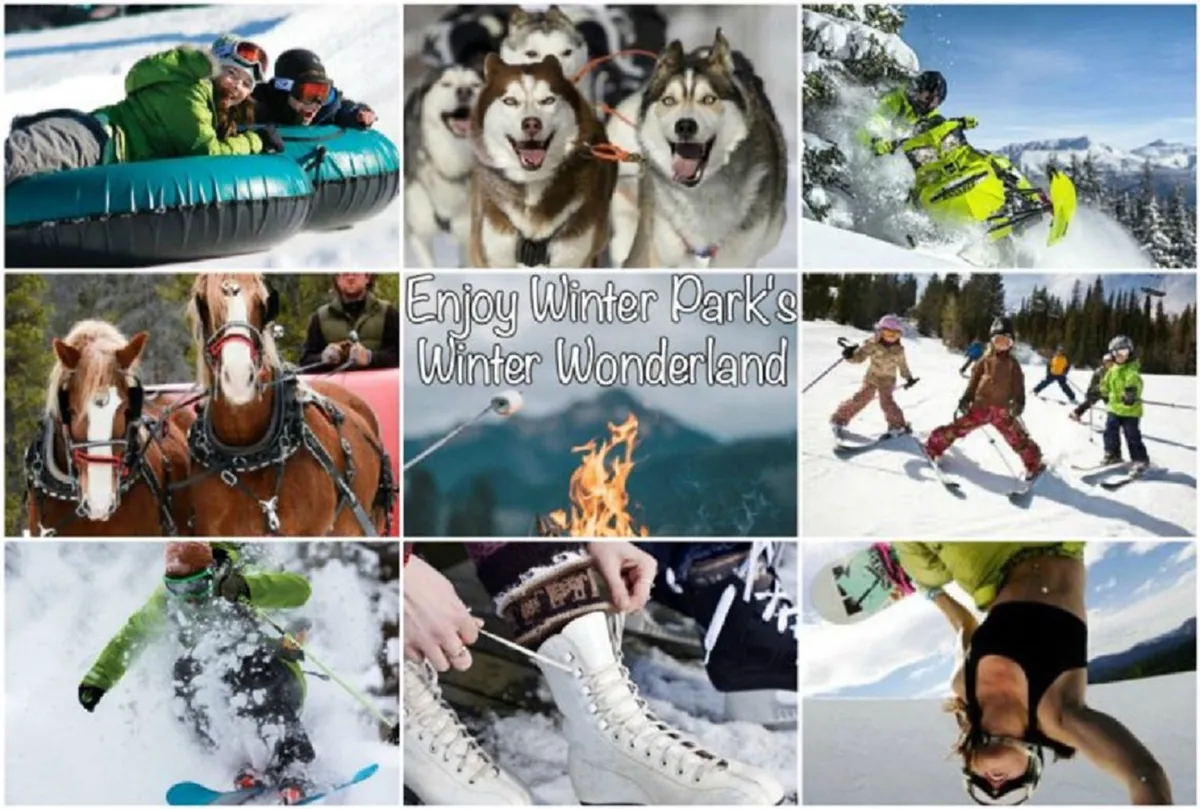 A festive winter scene featuring people snow tubing, children skiing, ice skating, dog sledding, and snowmobiling. There's also a cozy fire, adding warmth and a sense of gathering to the wintry setting. The image is energetic and inclusive, with families and children enjoying a range of snow-based activities.
