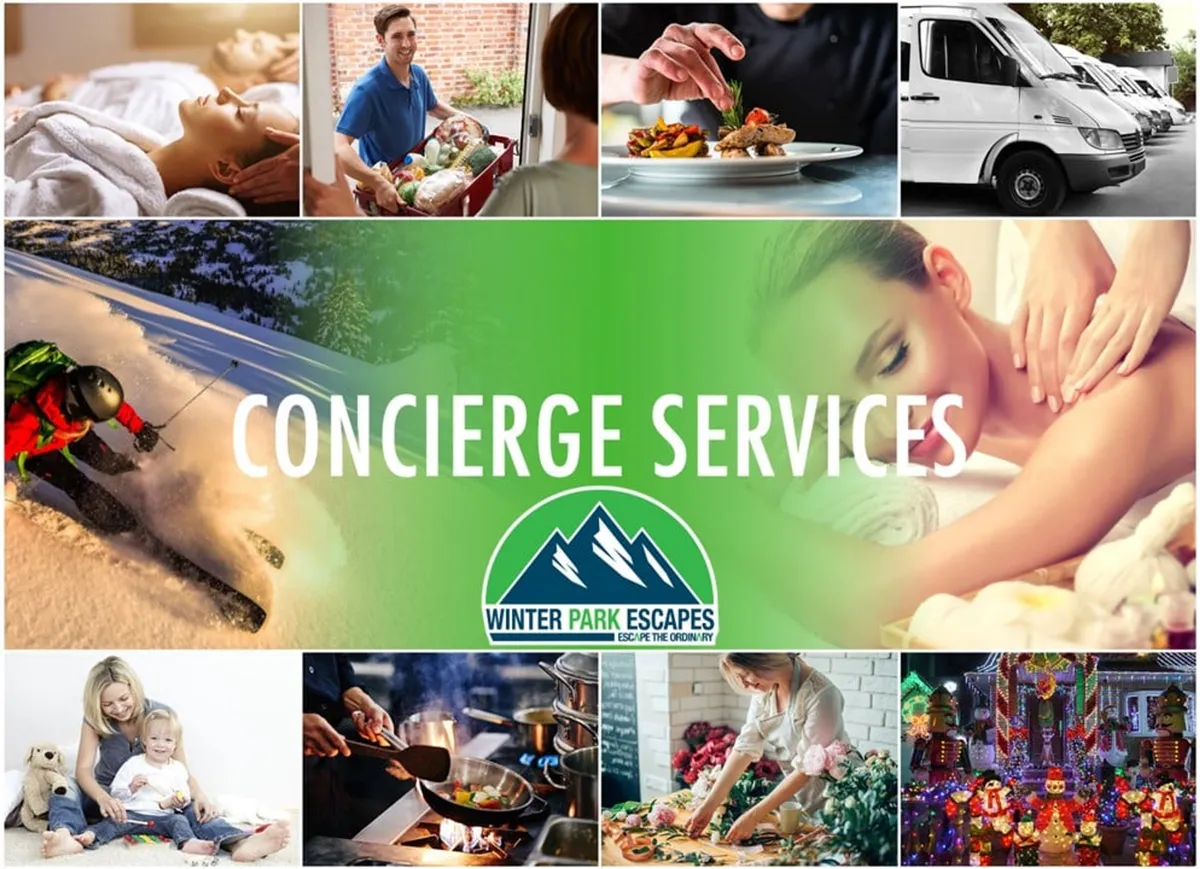 An inviting interior image weaving together scenes of spa services, skiing, fine dining, family activities, and transportation services. The mood is relaxed and joyful, illustrating both luxurious and adventurous offerings available to guests.
